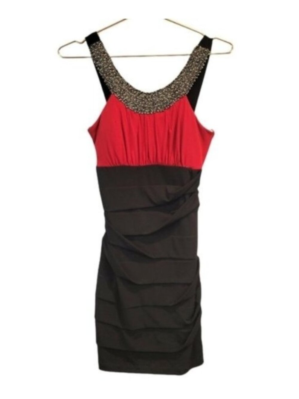 City Triangles | Beaded Round Neck Body Con Bandage Dress Red Black